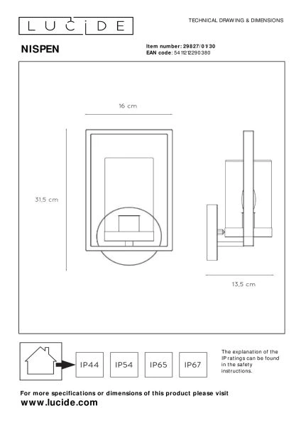 Lucide NISPEN - Wandleuchte Innen/Außen - 1xE14 - IP44 - Schwarz - TECHNISCH